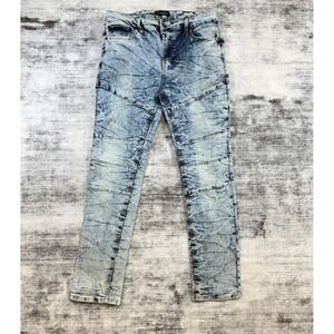 WT02 Mens Acid Wash Moto Skinny Jeans Blue Crinkle Texture Size‎ 36x30